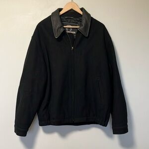 Weatherproof Black 100% Wool Bomber Jacket with Zip-Up Closure Leather Collar